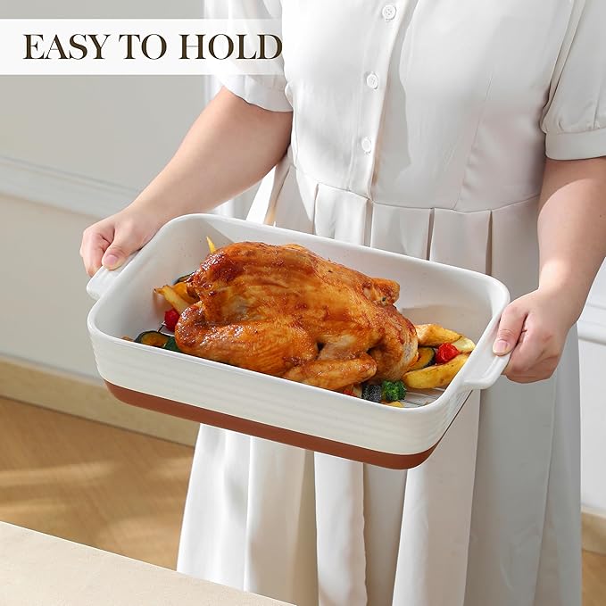 MALACASA Baking Dish with Rack, 4.8 Qt Ceramic Roasting Pan with Stainless Steel Drip Rack, 9x13