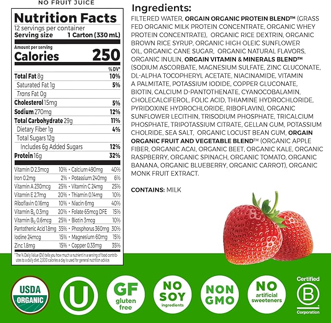 Orgain Organic Nutritional Shake, Strawberries & Cream - Meal Replacement, 16g Protein, 21 Vitamins