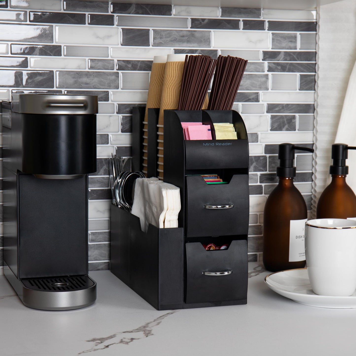 Mind Reader Cup and Condiment Station, Countertop Organizer, Coffee Bar, Kitchen, Stirrers, 5.35"W