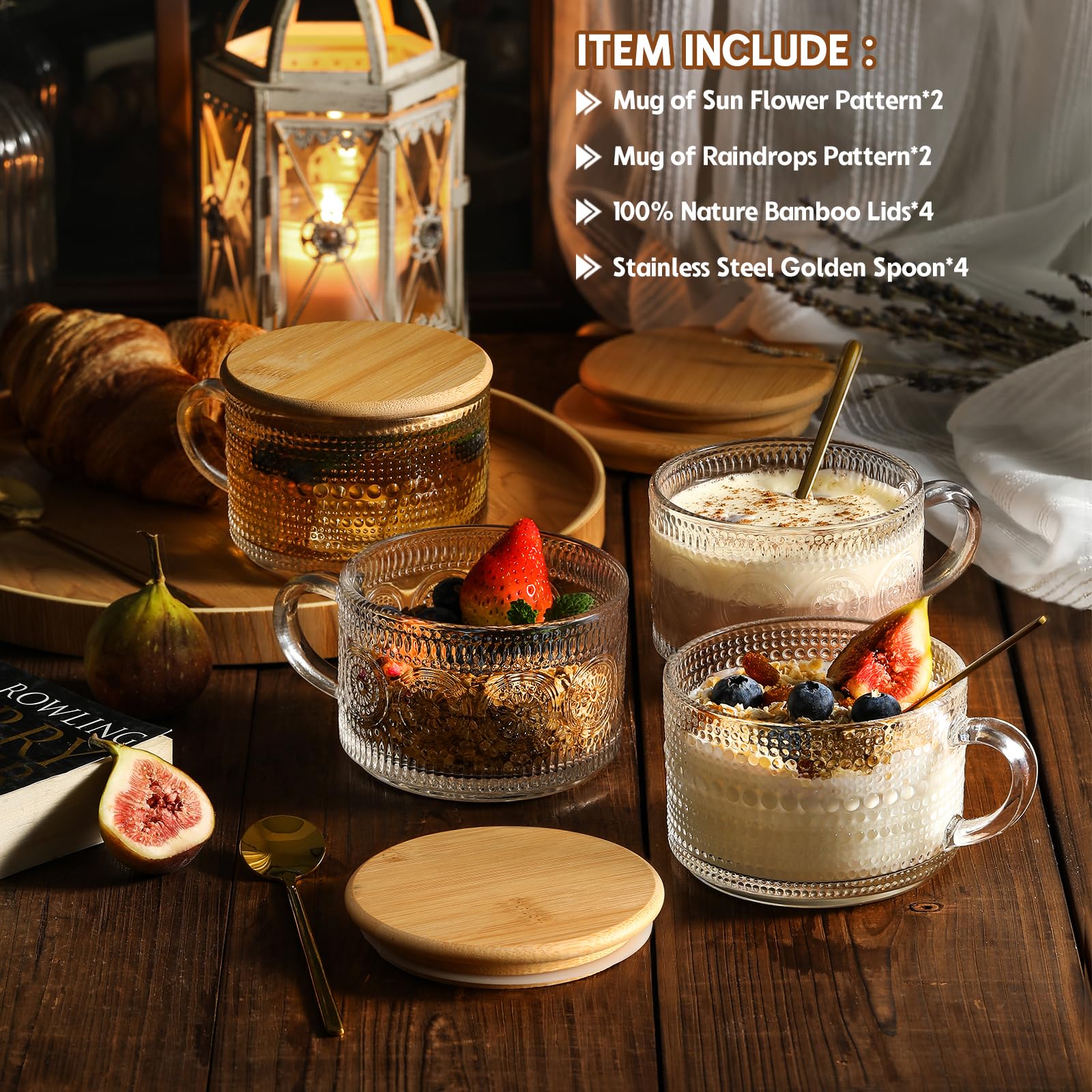 LANDNEOO 4pcs Set Vintage Coffee Mugs gifts for women, Overnight Oats Containers with Bamboo Lids