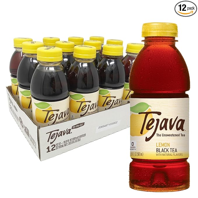 Tejava Lemon Black Iced Tea, 12 Pack, 16.9oz PET Bottles, Unsweetened, Non-GMO, Kosher, No Sugar or