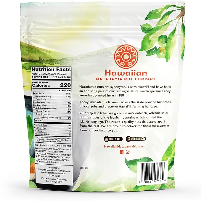 Hawaiian Macadamia Nut Company Dry Roasted Macadamia Nuts with Sea Salt 24 Oz, Source of Fiber