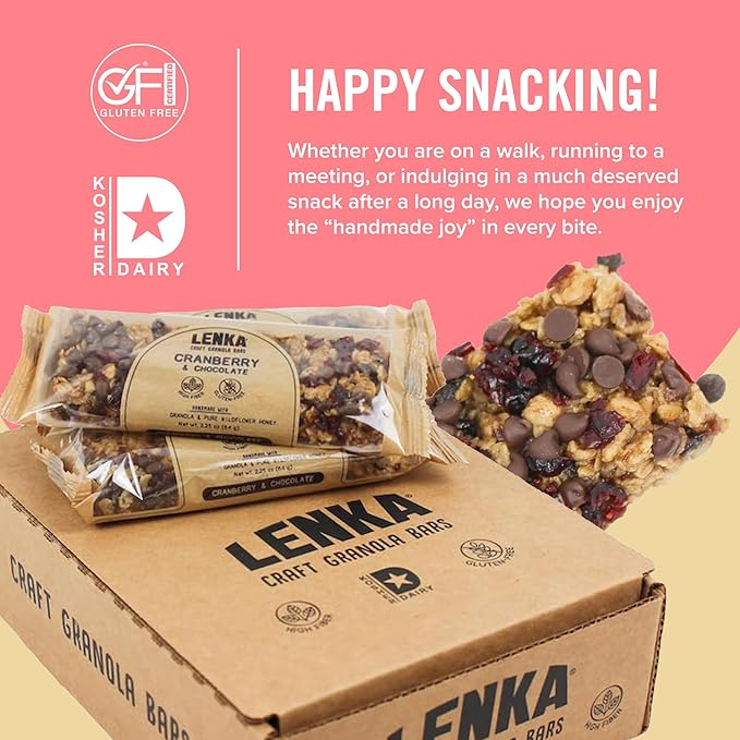 Lenka Bars - Cranberry Chocolate Snack Bars, Gluten Free, High Fiber, Kosher, Wholesome, No