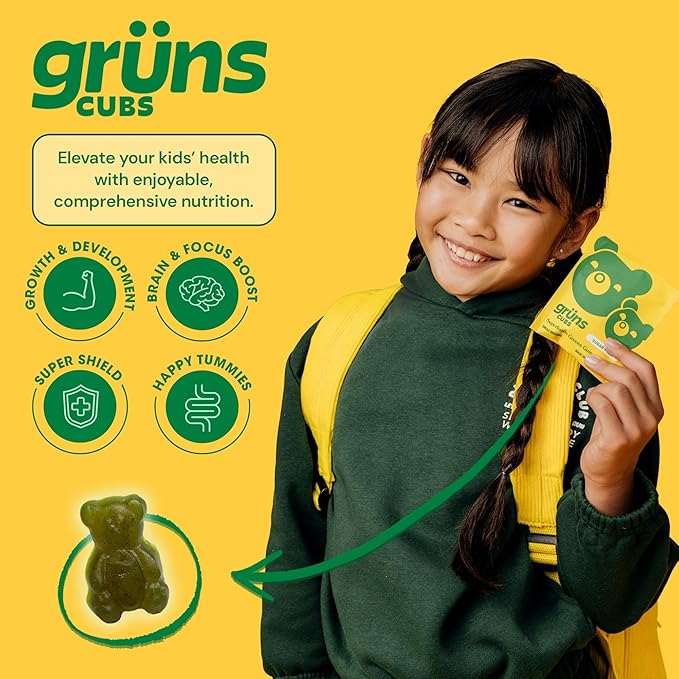 Gruns Kids Vitamins, Super Greens Gummies, Sugar-Free Superfood Gummy Bears With Spirulina