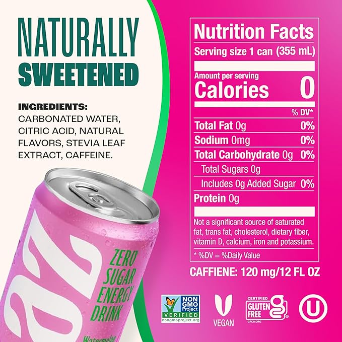 Zevia Zero Sugar Energy Drink, Watermelon, 12 oz Cans (12-Pack) – Naturally Sweetened, Non-GMO