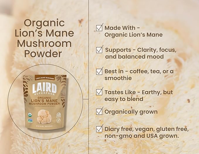 Laird Superfood Organic Lions Mane Mushroom Powder for Cognitive Function and Immune Support, 3.17