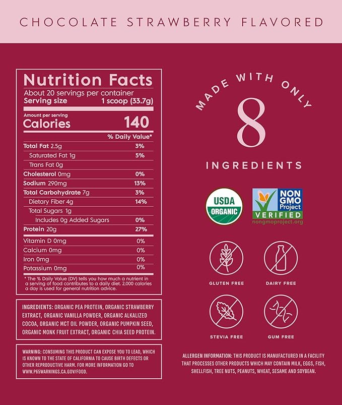 Truvani Vegan Pea Protein Powder | Chocolate Strawberry | 20g Organic Plant Based Protein | 20