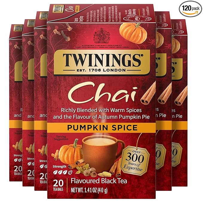 Twinings Pumpkin Spice Chai Black Tea Individually Wrapped Bags | 20 Count (Pack of 6), Warm, Spicy