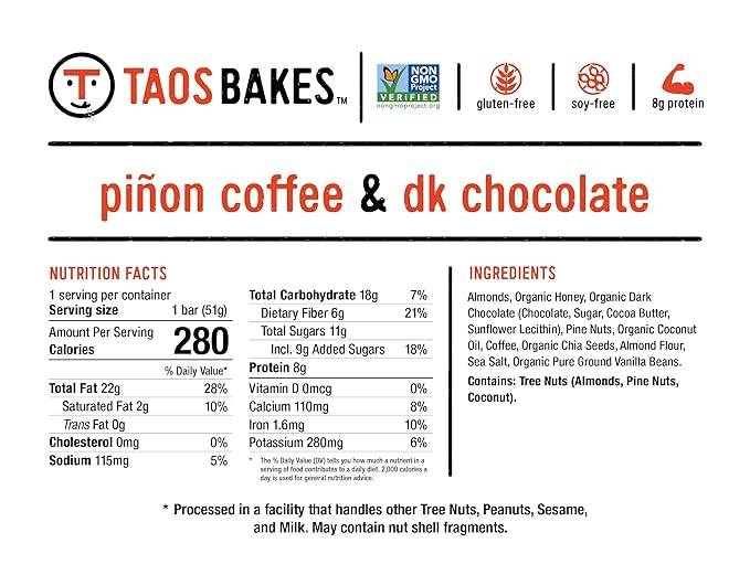 Taos Bakes - Coffee + Dark Chocolate - Breakfast Bar - 8g of Protein, 6g Fiber, & Gluten Free