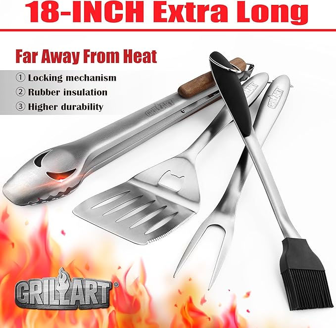 GRILLART BBQ Tools Grill Tools Set -18Inch Grilling Tools BBQ Set - Grill Accessories w/BBQ Tongs