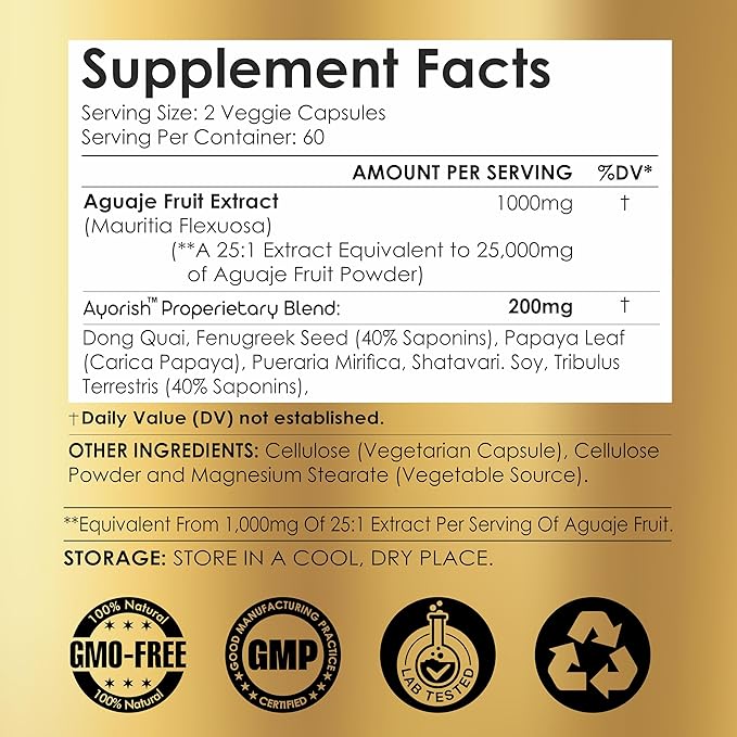 Aguaje Fruit Supplement1000mg 25:1 with Pueraria Mirifica, Papaya Leaf, Dong Quai, Shatavari, Wild