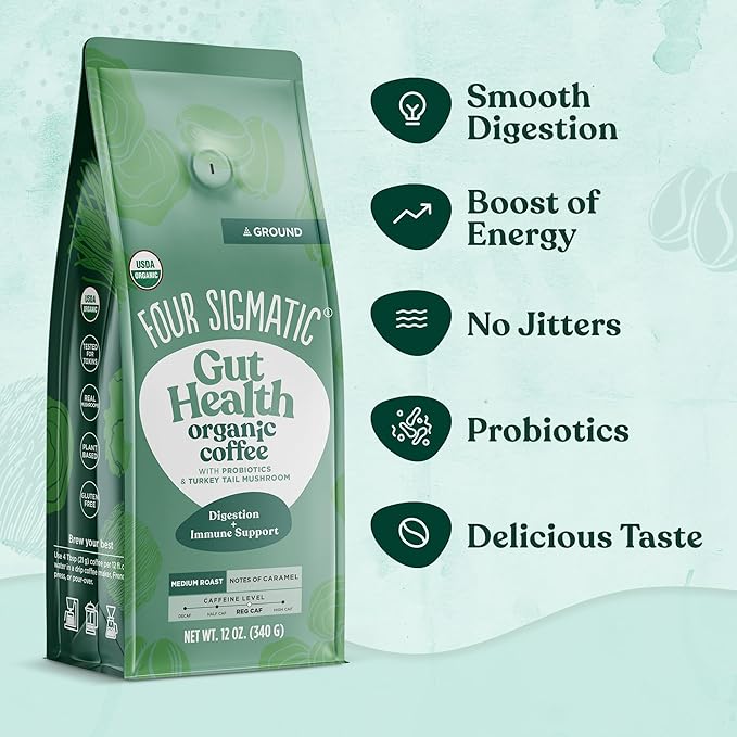 Four Sigmatic Gut Health Organic Ground Coffee | Medium Roast, Immune Boosting Probiotic Mushroom