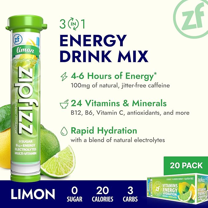 Zipfizz Daily Energy Drink Powder, Limon, 20 Pack | 3-in-1 Sustained Energy, Rapid Hydration, and