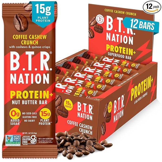 B.T.R. Nation Vegan Keto Plant Based High Protein & High Fiber Bars - Coffee Cashew Crunch Protein+