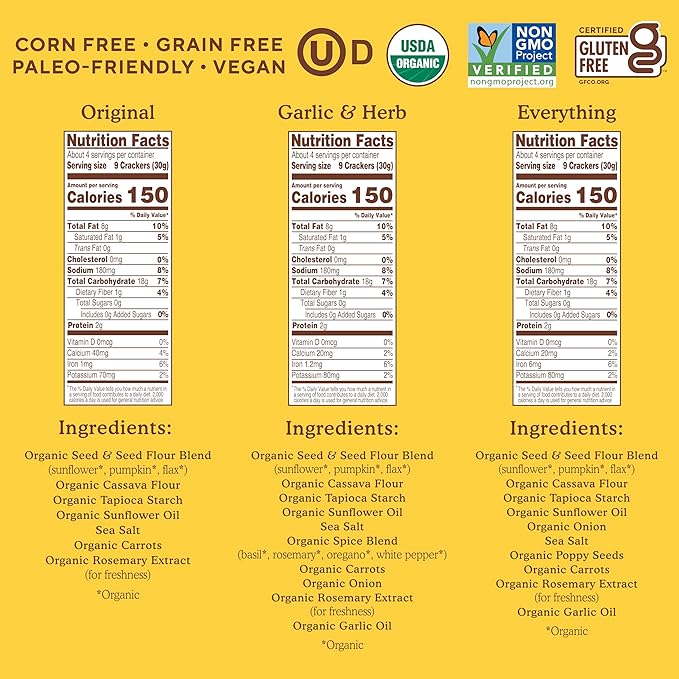 Simple Mills Organic Seed Crackers Variety Pack (Original, Everything, Garlic & Herb) - Gluten