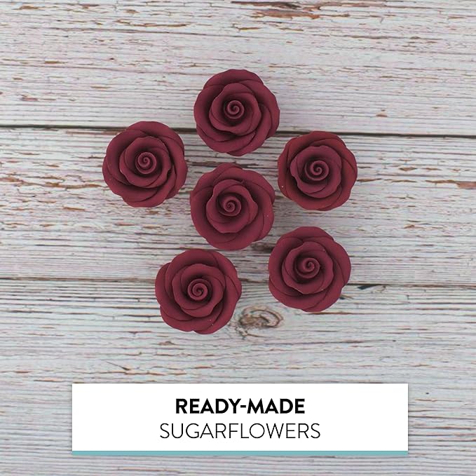 Global Sugar Art Premium Edible Roses, Burgundy, Unwired, Medium 1.5 inches, 12 Count by Chef Alan