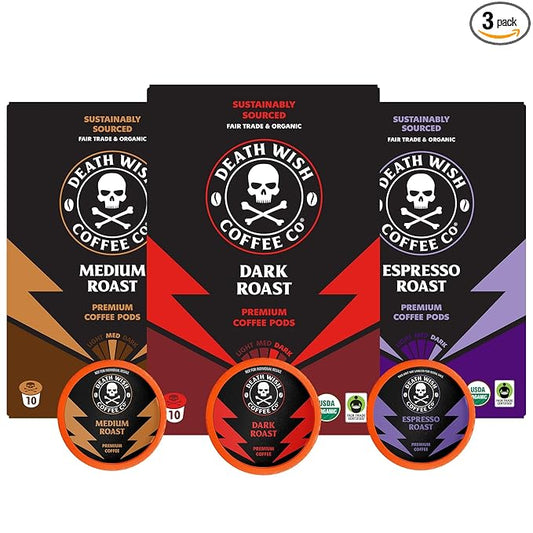 Death Wish Coffee, Single Serve Coffee - 10 Each of Medium, Dark, and Espresso Roast - Mixed Roast