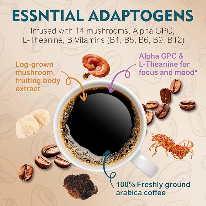 Decaf Mushroom Coffee K Cup – Focus & Gut-Health with 14-Mushrooms, Vitamins, L-Theanine and Alpha