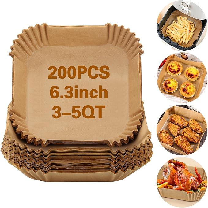 200Pcs Air Fryer Paper Liners, 6.3 Inch Square Disposable Air Fryer Liner, Non-stick Parchment