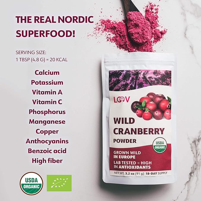 Wild Organic Freeze Dried Cranberry Powder, 3.2 Oz, 18-Day Supply, from Nordic Forests, Raw, No