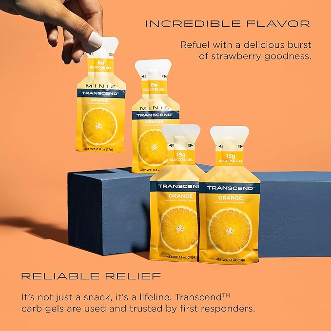 Transcend Foods Orange Gel (1.1 oz, Pack of 38) Fast-Acting Carb Gel Orange Flavor – Caffeine Free