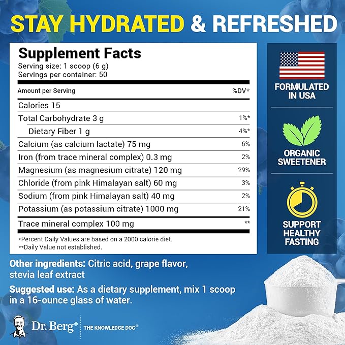 Dr. Berg Zero Sugar Hydration Keto Electrolyte Powder - Enhanced w/ 1000 mg of Potassium & Real