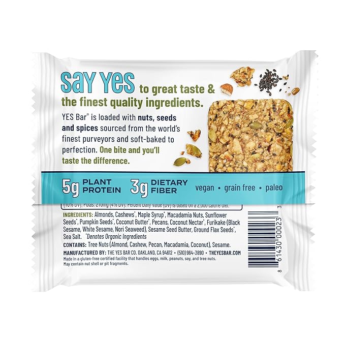 The YES Bar ??Black Sesame Sea Salt ??Plant Based Protein, Decadent Snack Bar ??Vegan, Paleo