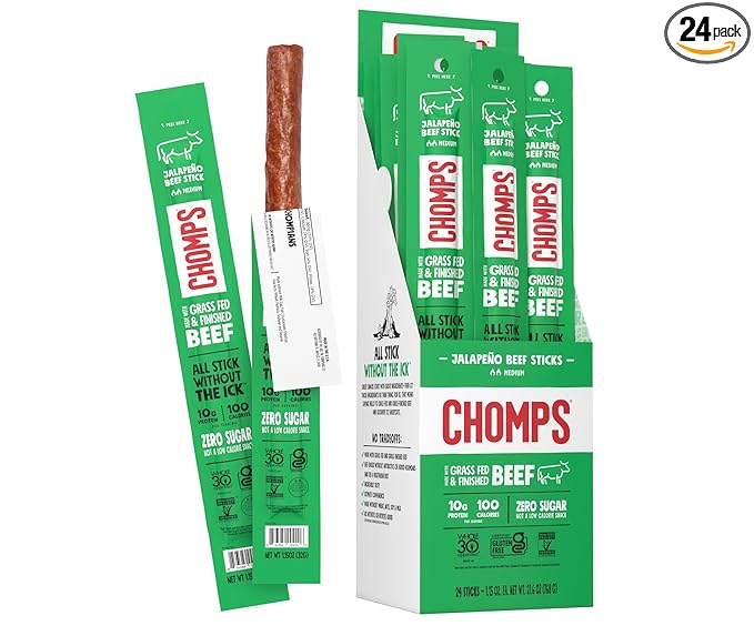 Chomps Grass-Fed and Finished Jalape챰o Beef Jerky Snack Sticks 24-Pack - Keto, Paleo, Whole30, 10g