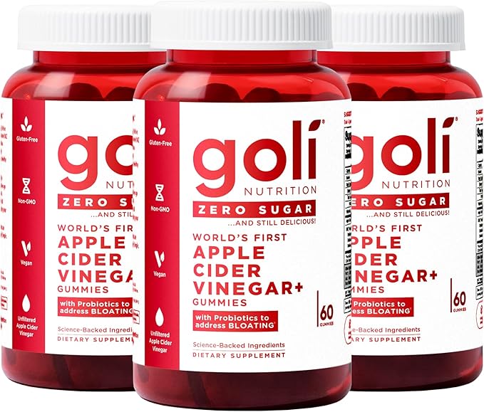 Goli Zero Sugar Apple Cider Vinegar Gummies - Vitamin B12, Probiotics to Address Bloating. No