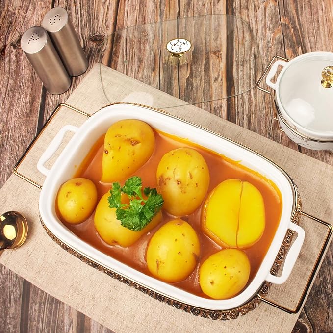 11" x 8" Ceramic Rectangular Casserole Dish with Glass Lid and rack, 1.6 Quart White Serving Soup