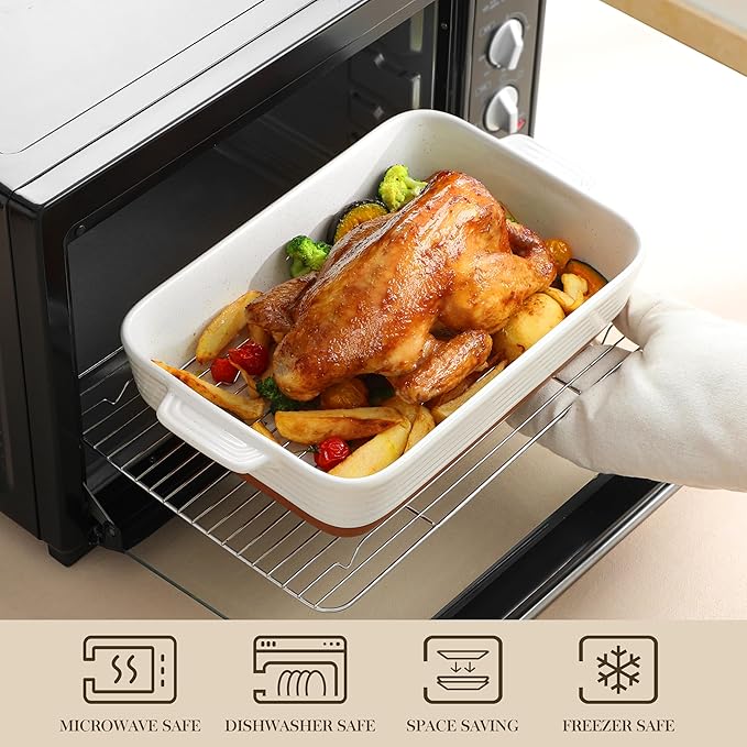 MALACASA Baking Dish with Rack, 4.8 Qt Ceramic Roasting Pan with Stainless Steel Drip Rack, 9x13