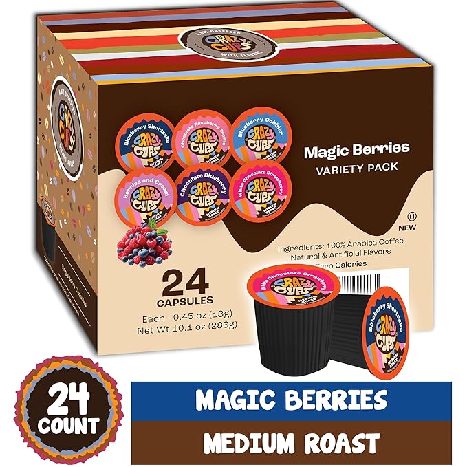 Crazy Cups Blueberry Coffee Pods Variety Pack, Magic Berries Flavored Coffee, Single Serve