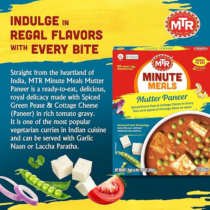MTR - Minute Meals: Mutter Paneer - Spiced Green Peas & Cottage Cheese in Gravy - Tasty Indian Meal