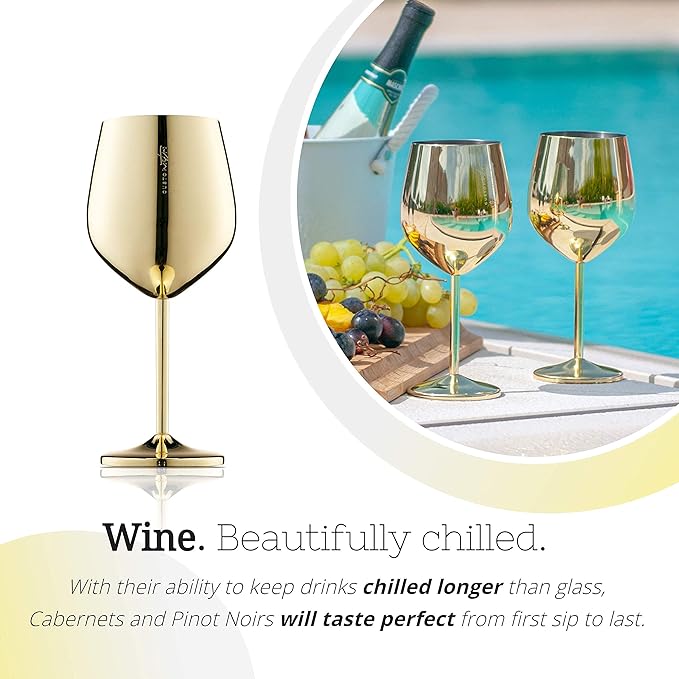 Gusto Nostro Stainless Steel Wine Glass - 18 oz Unbreakable Gold Wine Glasses for Travel, Camping