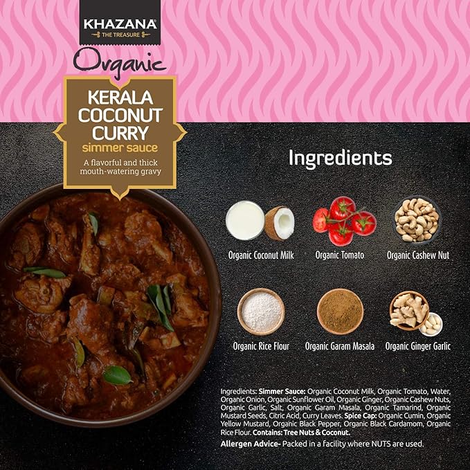 Khazana ORGANIC Kerala Coconut Curry Indian Simmer Sauce - 12.7oz Jars | Non-GMO, Vegan, Gluten