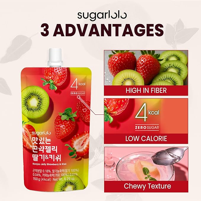 Sugarlolo Konjac Sweet Strawberry & Kiwi Jelly Snack - Vegan Jello with Zero Sugar | Only 4
