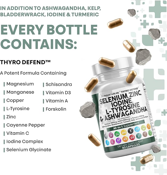 Clean Nutra Selenium 300mcg Iodine 500mcg Thyroid Support for Women & Men | L Tyrosine 500mg