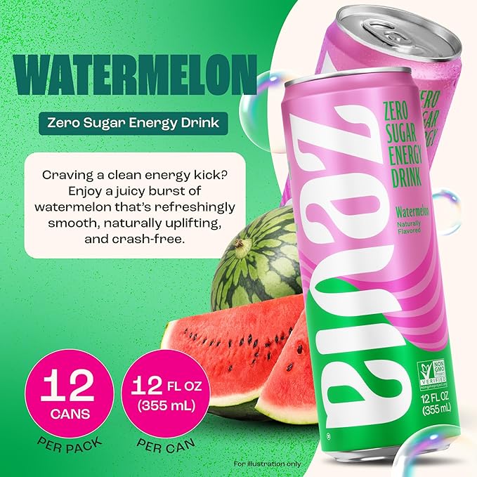 Zevia Zero Sugar Energy Drink, Watermelon, 12 oz Cans (12-Pack) – Naturally Sweetened, Non-GMO