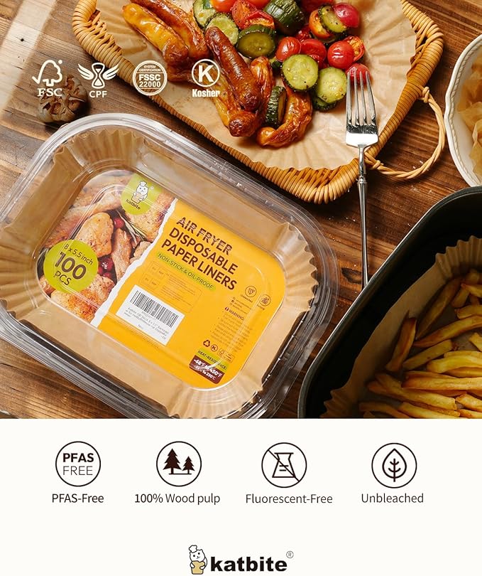 Katbite Air Fryer Liners Disposable - 100PCS, 8x5.5'' Rectangle Liners for Air Fryer Basket, Thick