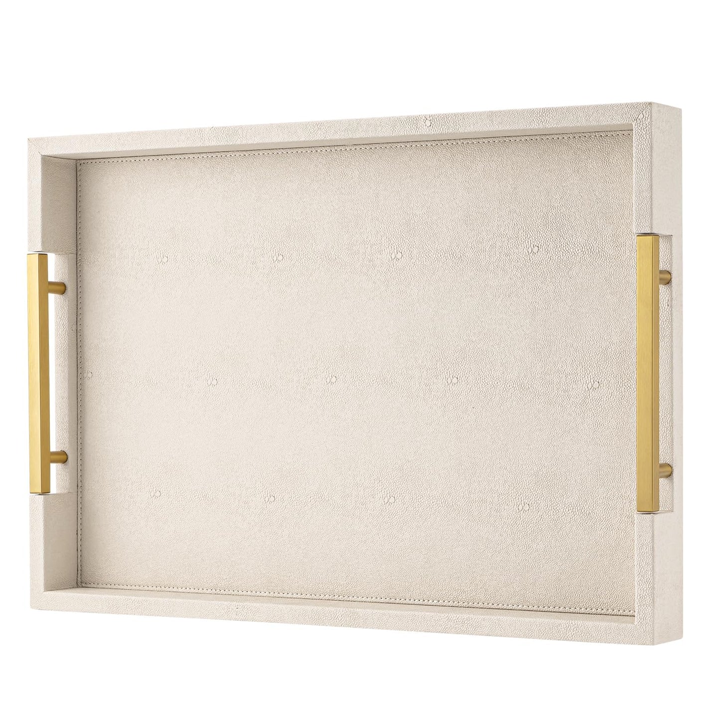 Beige Faux Leather Serving Tray with Handles – Large Decorative Tray for Coffee Table, Ottoman