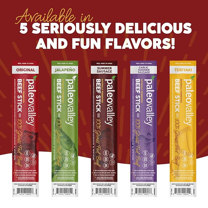 Paleovalley 100% Grass Fed Original Beef Sticks - Delicious Gluten Free Beef Snack - High Protein