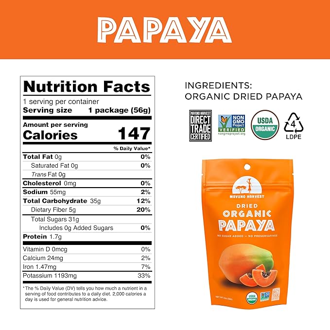 Mavuno Harvest Papaya Dried Fruit Snacks | Organic Dried Papaya Slices | Gluten Free Healthy Snacks