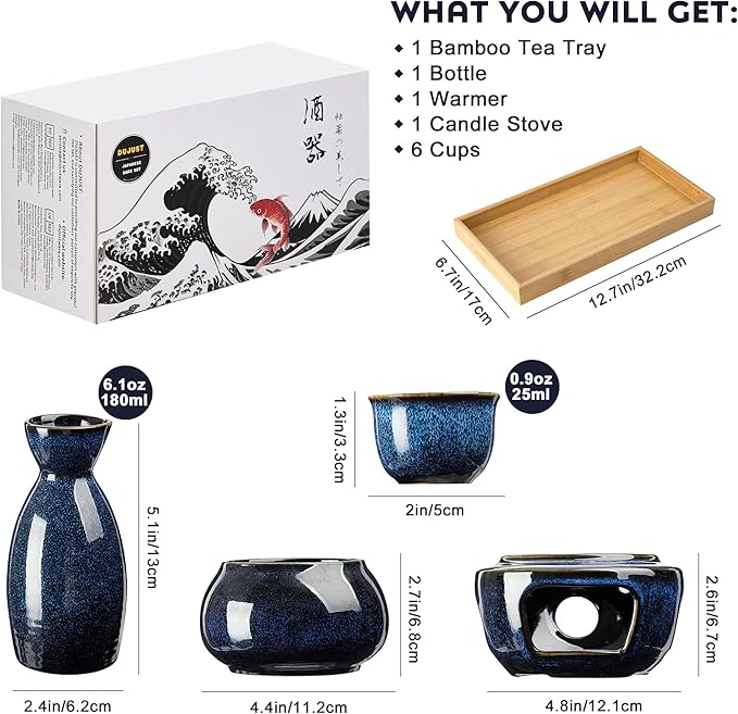 DUJUST 10 pcs Japanese Sake Set with Warmer for 6, Kiln Altered Glaze Porcelain Sake Set, 6 Sake