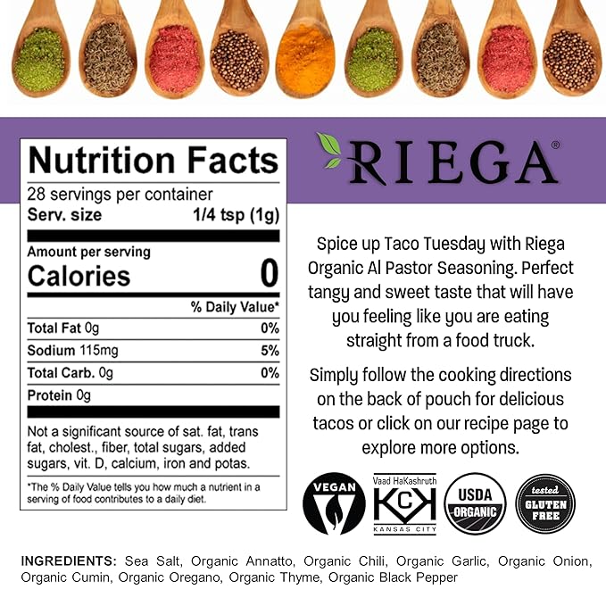 Riega Organic Al Pastor Street Taco Seasoning – Traditional Mexican Pork Taco Spice Mix for
