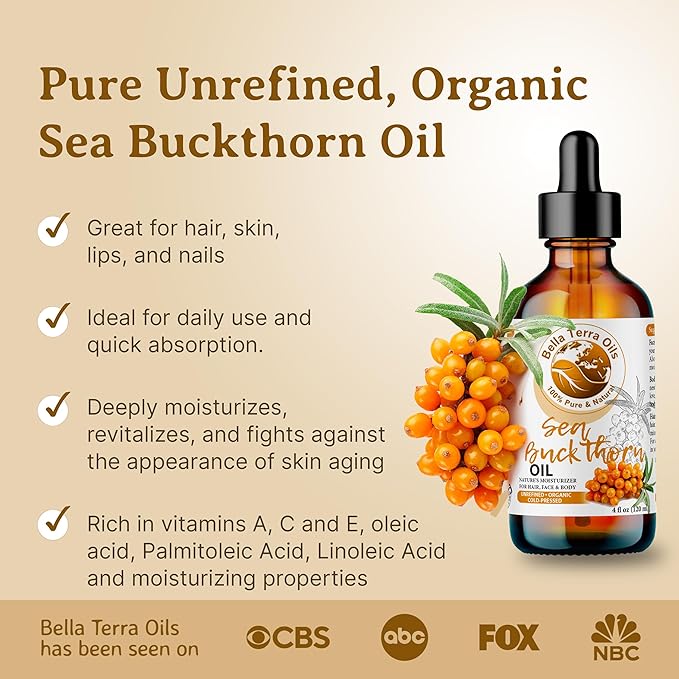Bella Terra Oils - Organic Sea Buckthorn Oil 8oz - Cold-Pressed Treasure, Bursting with Omega-3 &