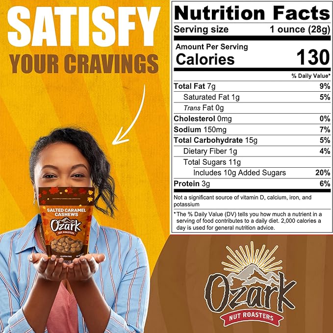 OZARK NUT ROASTERS Salted Caramel Cashews, Gourmet Candied Nuts Snack, Gluten-Free, Sea Salt &