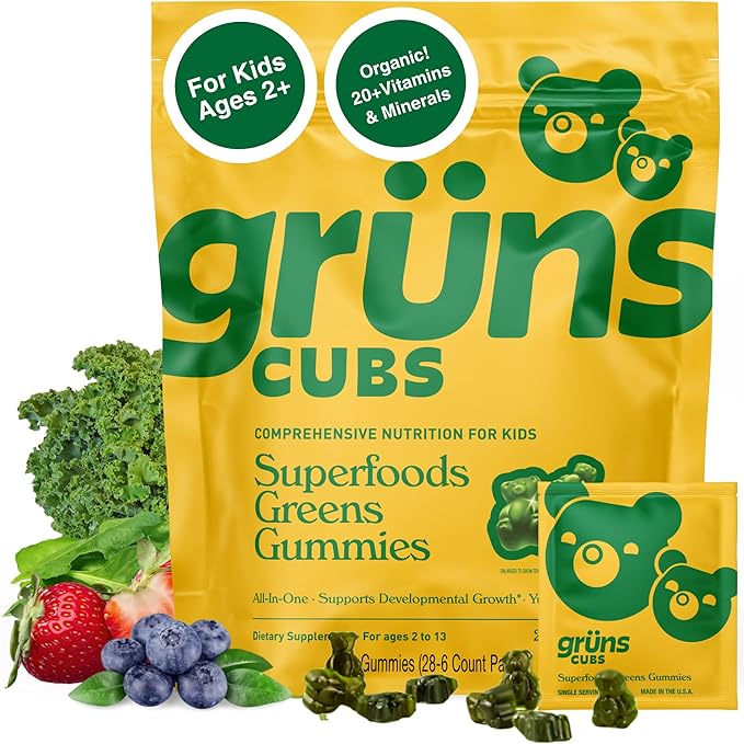 Gruns Kids Vitamins, Super Greens Gummies - Superfood Gummy Bears with Spirulina, Chlorella, 20+