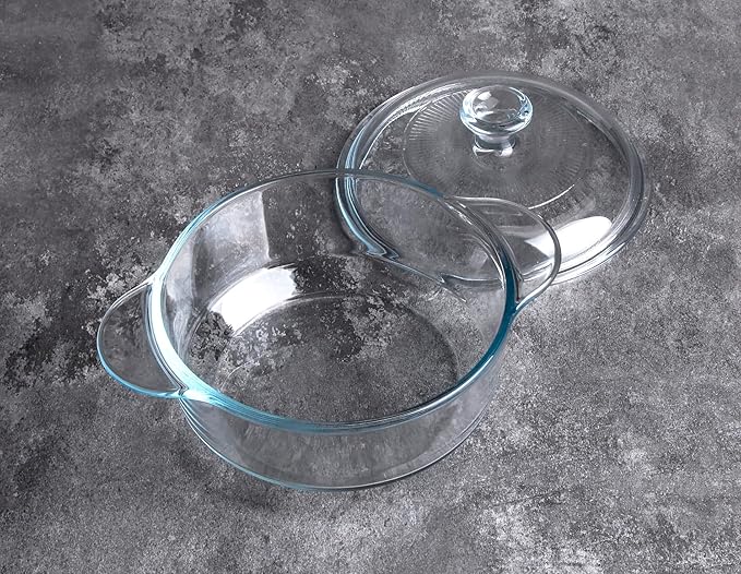 Clear Round Glass Casserole with Lid, Baking Dish with Glass Cover, Glass Casserole for Oven