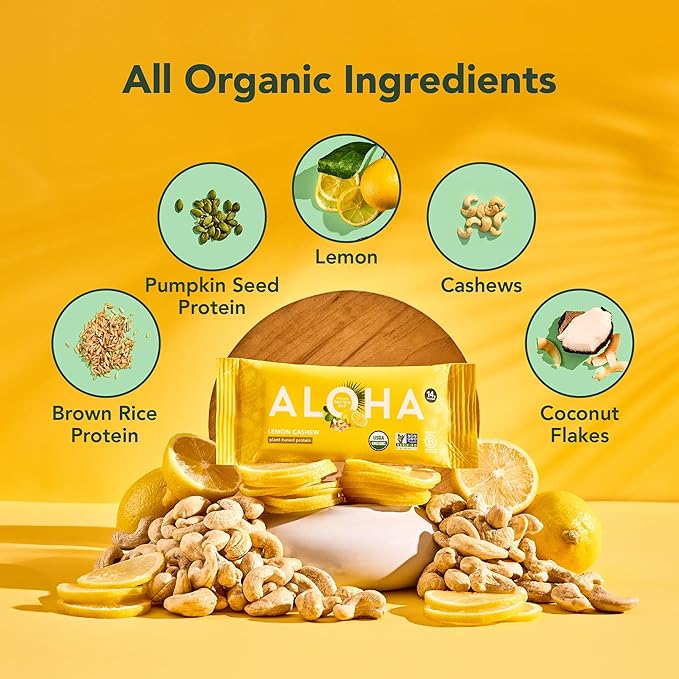 ALOHA Organic Plant Based Protein Bars - Lemon Cashew - 12-Count - Vegan, Low Sugar, Gluten-Free