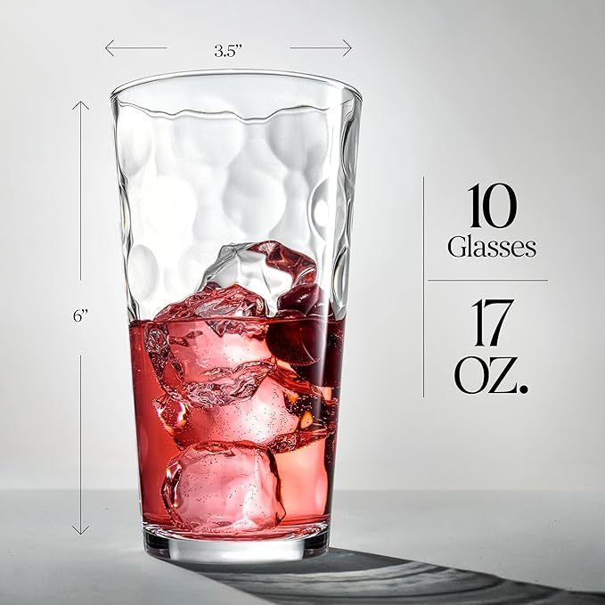 Highball Drinking Glasses Set of 10 Glass Cups by Home Essentials, 17 Oz. Glassware, for Water
